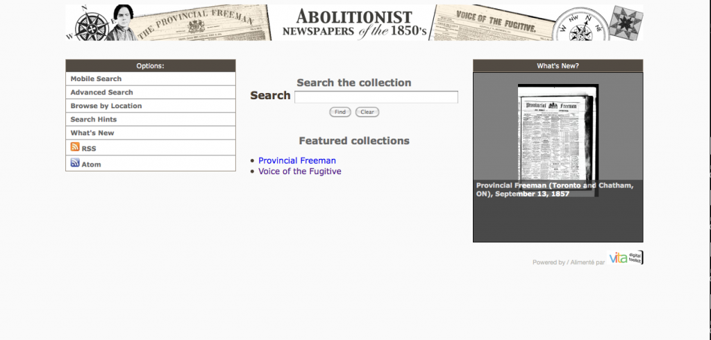 Ontario Abolitionist Newspapers home screen